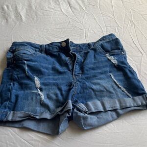 Distressed Rolled Hem Denim Shorts - Blue